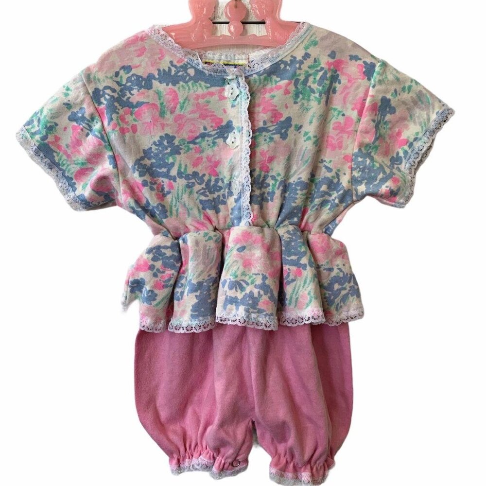 Vintage Novelty Retro Floral Print Lace Bubble Romper 18 Months